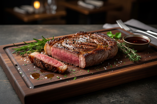 Grilled steak on a dark wooden board with herbs and seasoning
